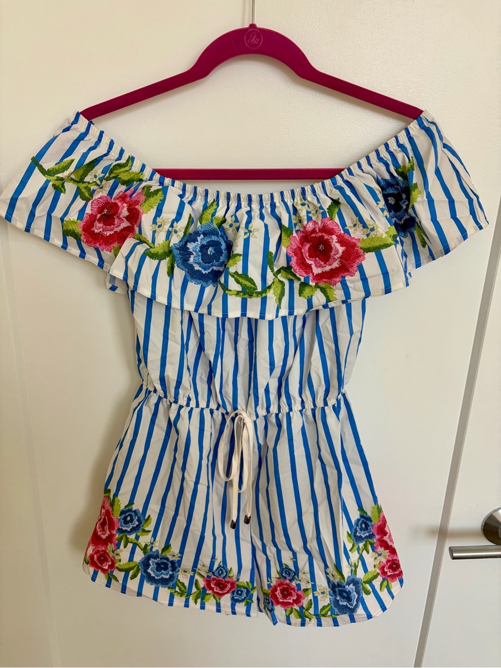Jealous Tomato Blue & White Striped Off-Shoulder Romper with Pink Tag